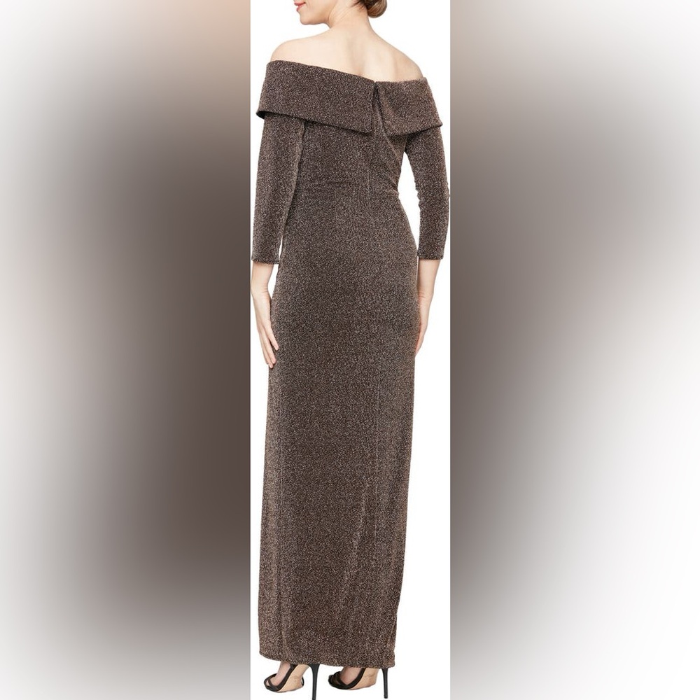 Alex Evenings Metallic Off the Shoulder Knit Sheath Gown - Picture 2 of 10